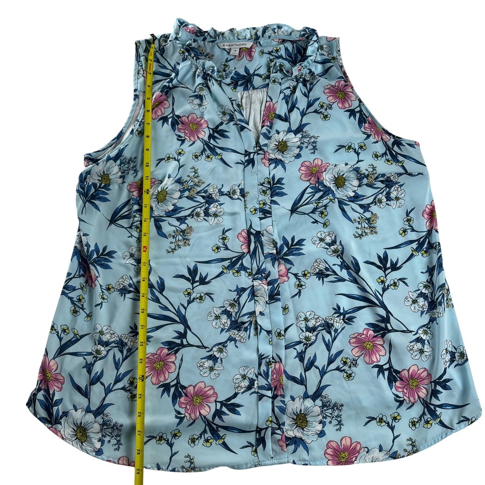 41 Hawthorn Floral Sleeveless Blouse Blue Pink Ruffle Neck 2X Lightweight - Picture 5 of 8
